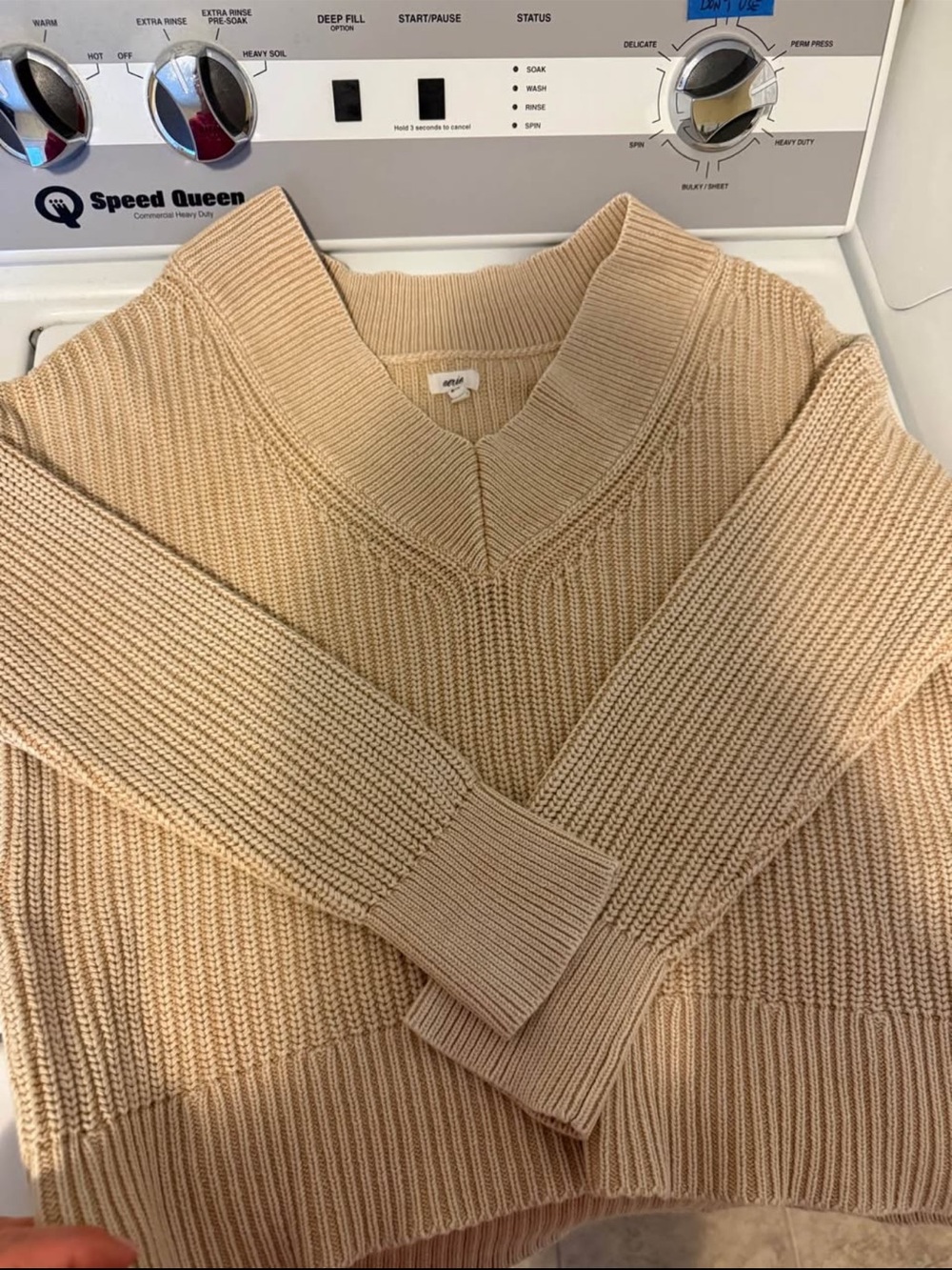Aerie V-Neck Ribbed Knit Sweater in Beige